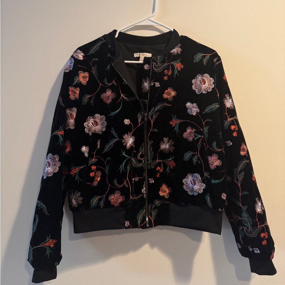 Anthropologie Velvet Bomber Jacket - Floral Embroidered